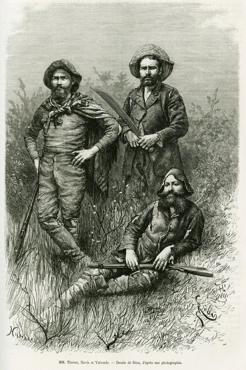 Keşif gezisinin üyeleri: Bay Thouar (uzatarak), Bay Novis (solda duruyor) ve Bay Valverde (sağda duruyor). Voyage dans le Chaco Boreal hikayesini göstermek için Riou tarafından yapılan gravür by Edouard Riou