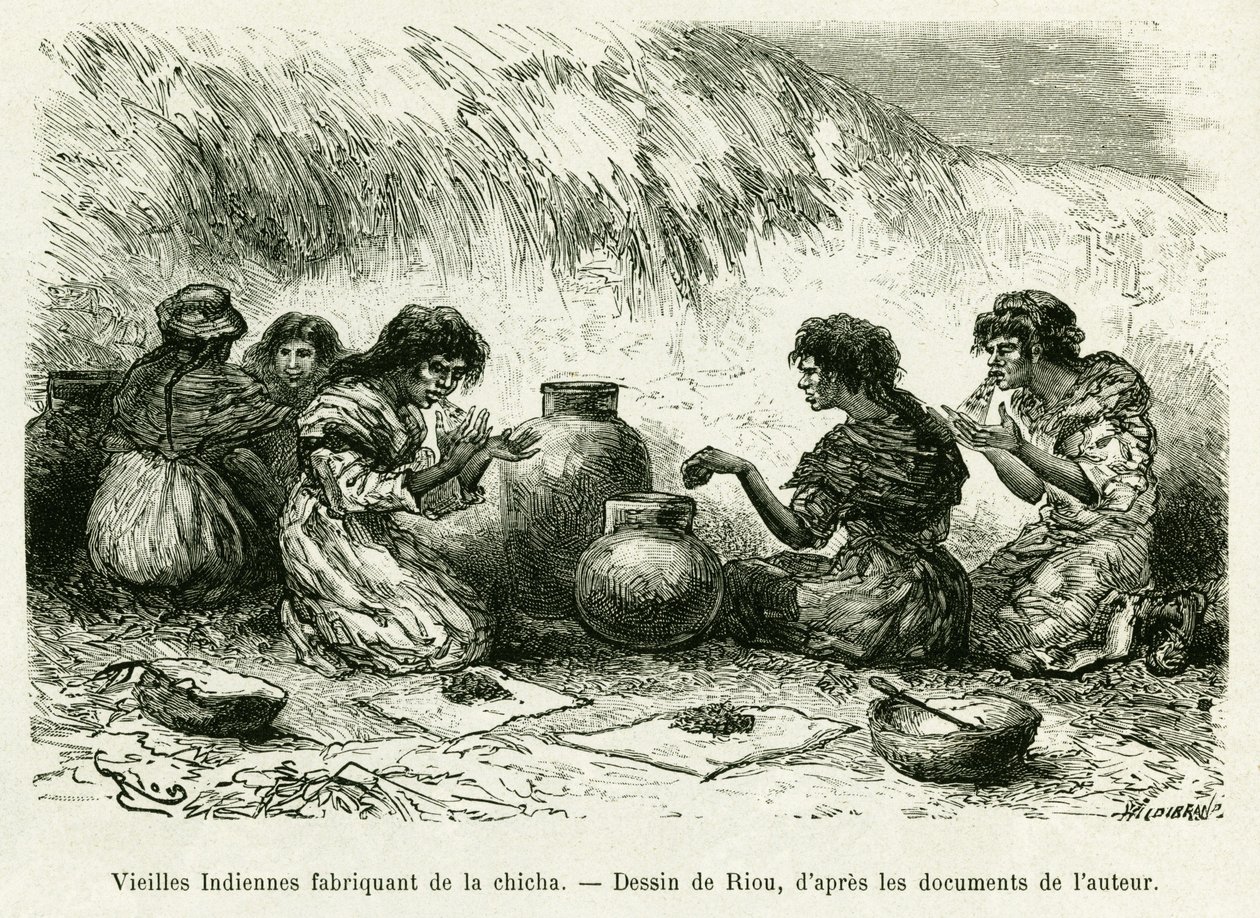 Nargile yapan yaşlı Hintli kadınlar. Voyage dans le delta du Pilcomayo et de Buenos Aires a Sucre hikayesini göstermek için Riou tarafından yapılan gravür by Edouard Riou