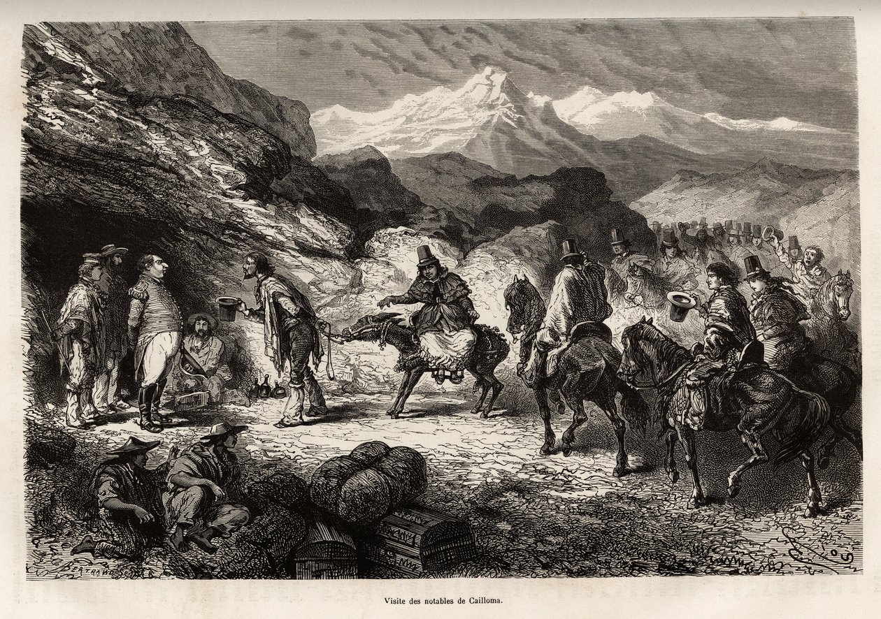 P.Marcoy, Cailloma gölünün yakınında bulunan bir mağarada cin ve karakolda albay olan bir arkadaş bulur, birlikte şehrin ileri gelenlerini ziyaret ederler. , Huarancalqui v by Edouard Riou