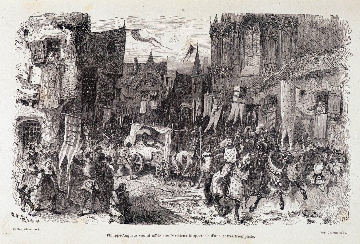 Philippe Auguste (Philippe-Auguste) Parislilere muzaffer bir başlangıç gösterisi sunmak istedi. SD. 12. yüzyıl by Edouard Riou