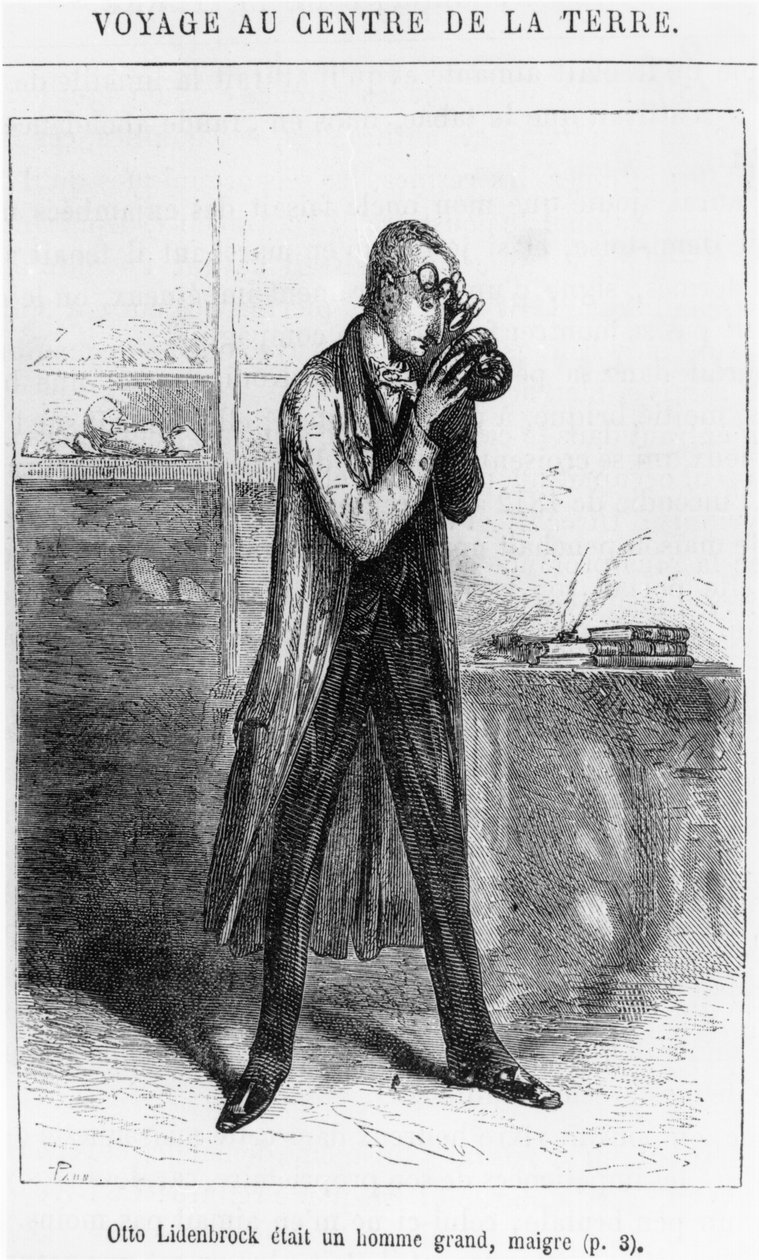 Profesör Otto Lidenbrock, Jules Verne (1828-1905) tarafından 'Dünyanın Merkezine Yolculuk'tan bir çizim, Paris, Hetzel by Edouard Riou