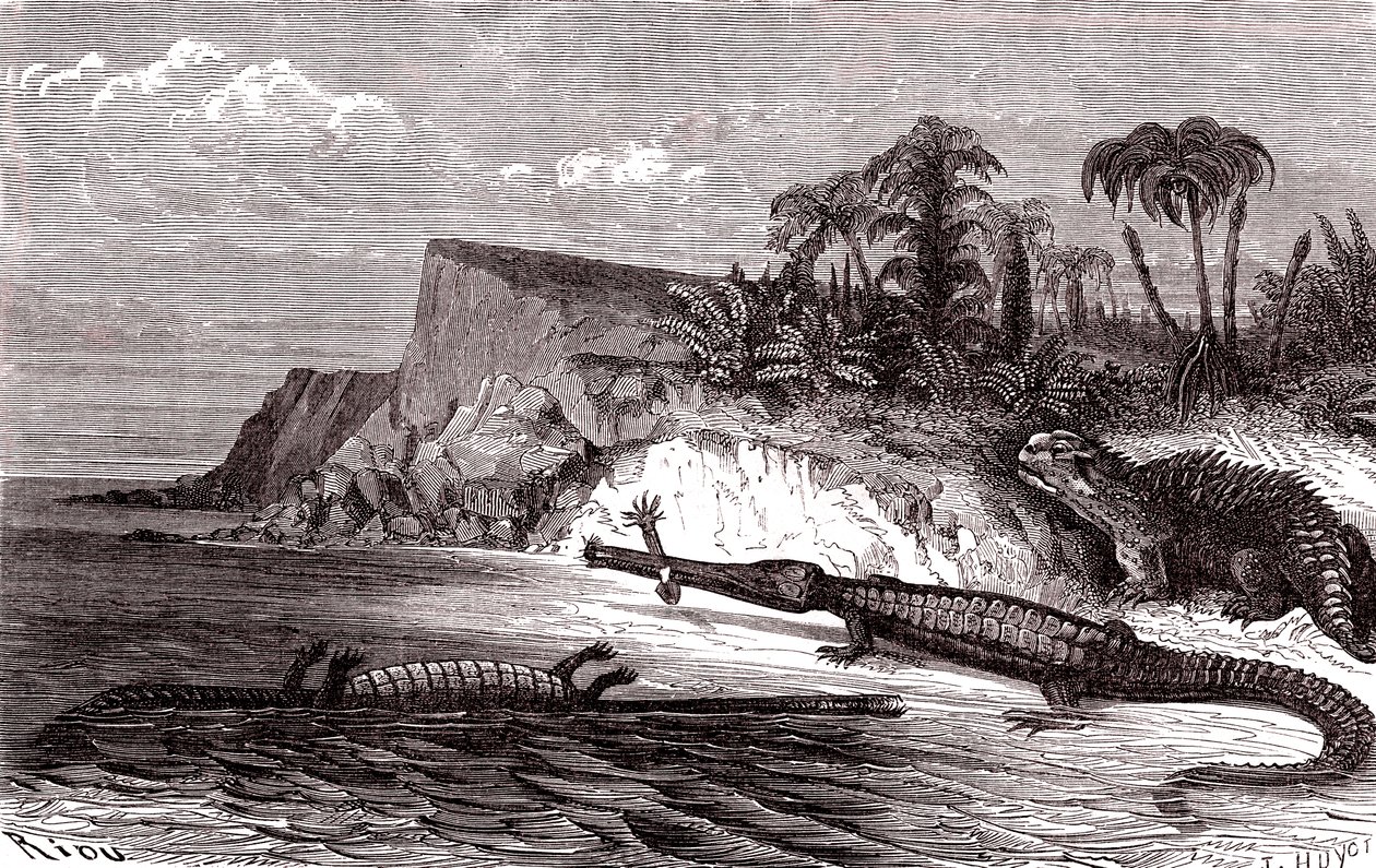 Teleosaurus ve Hyleosaurus by Edouard Riou