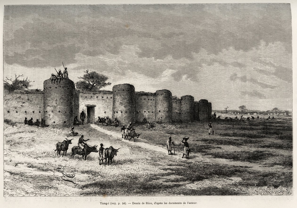 Surları ve kil kuleleri ile Tiong-Gi kasabası (Tiong Gi, Mali). Riou tarafından gravür, Kaptan Louis Gustave Binger