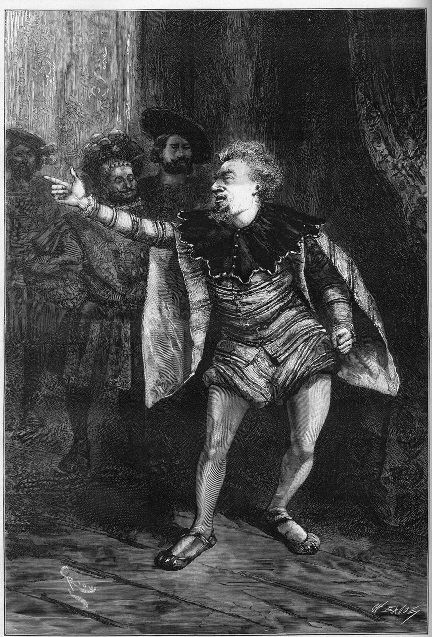 Tiyatro gösterimi: Victor Hugo (1808-1883) tarafından “Kral eğlenir”. III. Perde sahne III: Louvre Giriş Odası, Triboulet (Edmond Got by Edouard Riou