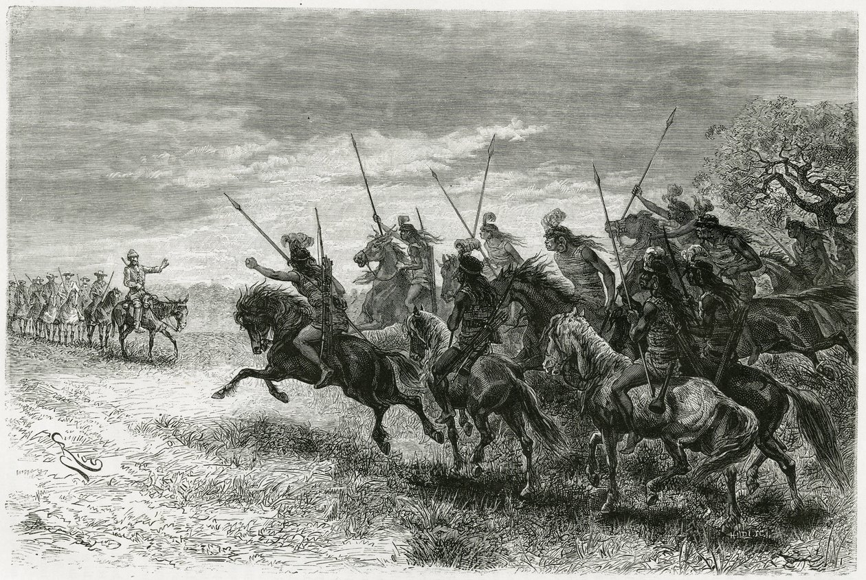 Tobas Kızılderilileri (Paraguay ve Bolivya arasındaki Chaco bölgesinden) Thouar seferinin sütununa geçmeyi reddediyor. 1884 yılında A.Thouar (1853- disapp by Edouard Riou