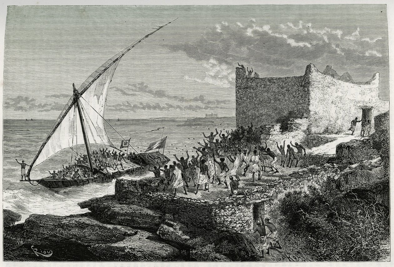 Moguedouchou (Mogadişu) limanına giren yolcuların gübresi ile denizciler, kendilerini coşkuyla karşılayan insanları cezbetmek için büyük bir gürültü koparırlar. “” Voyage chez les Benadir, les somalis et hikayesini göstermek için Riou tarafından yapılan gr by Edouard Riou