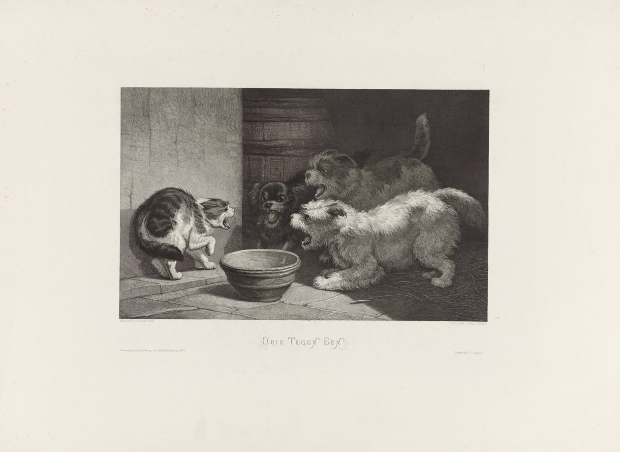 Bir daire tarafından üfleme kedi ve üç havlayan köpek Üçe Karşı Bir by Edouard Taurel