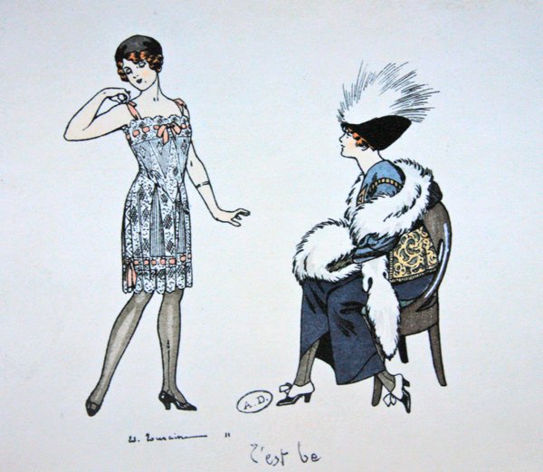 Bir müşteriye bir slip gösteren manken, c.1912 (renkli lito) by Edouard Touraine