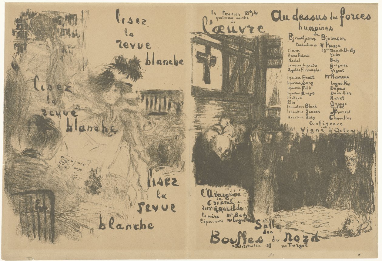 La Revue Blanche reklamını ve Au-dessus des force humaines oyununun duyurusunu içeren kapak programı kitapçığı Lisez la revue blanche Au-dessus des force humaines by Edouard Vuillard