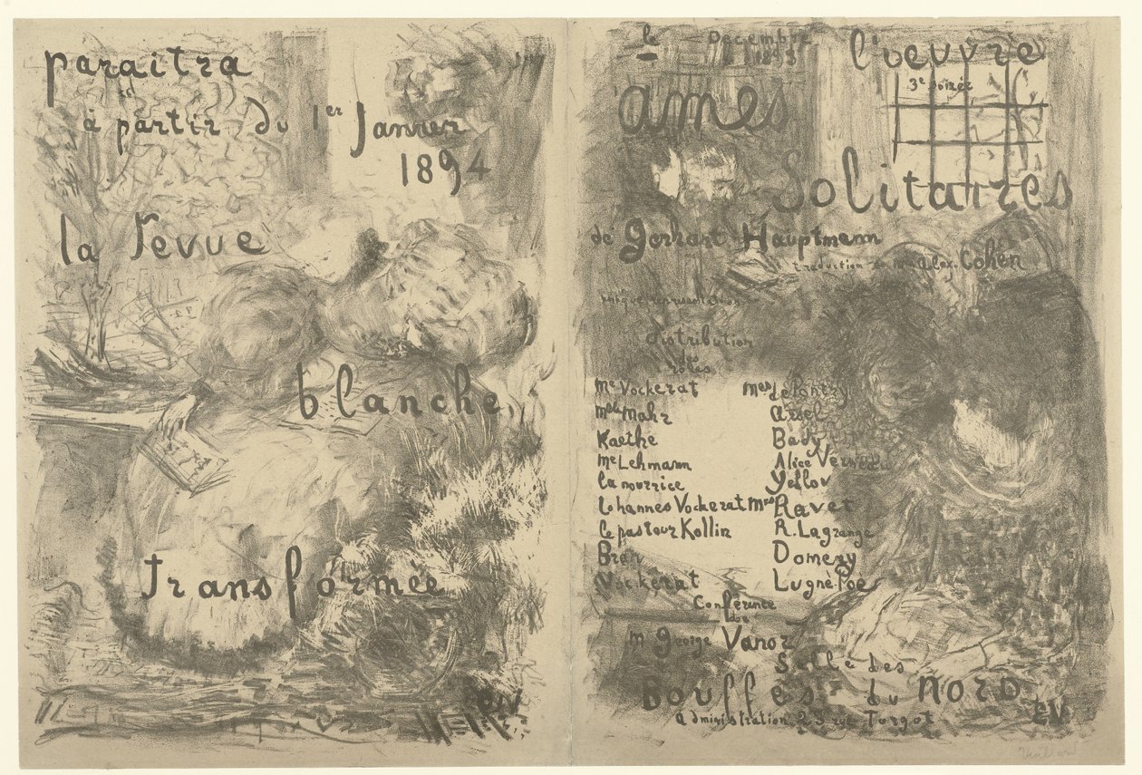 La Revue Blanche reklamını ve Ames solitaires oyununun duyurusunu içeren program kitapçığı için kapak La revue blanche transformée Ames solitaires by Edouard Vuillard