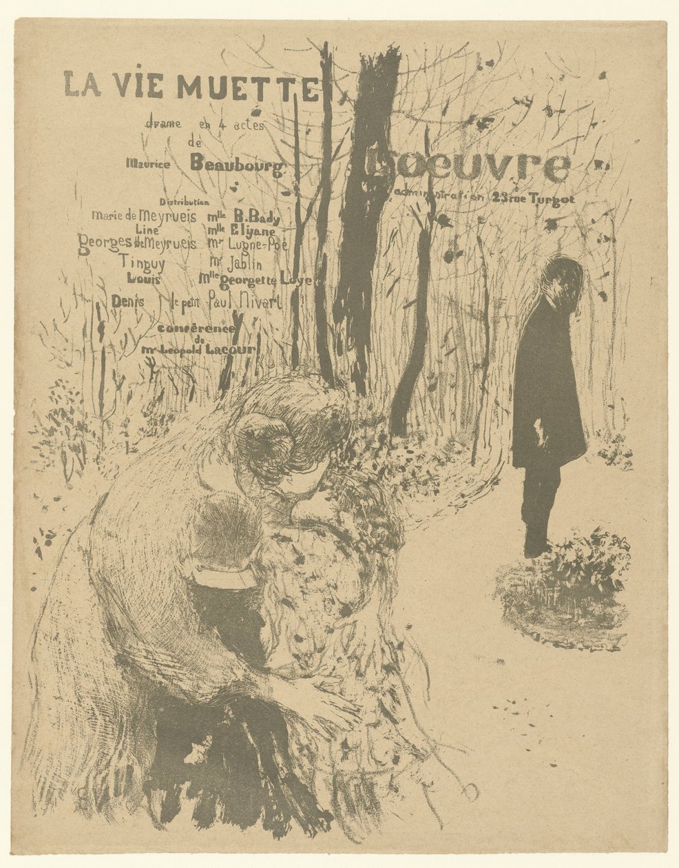 Rollerin ve aktörlerin listesinin yer aldığı La vie muette oynamak için parkta iki çocuklu bir kadın ve bir adamla program kitapçığı için kapak La vie muette by Edouard Vuillard