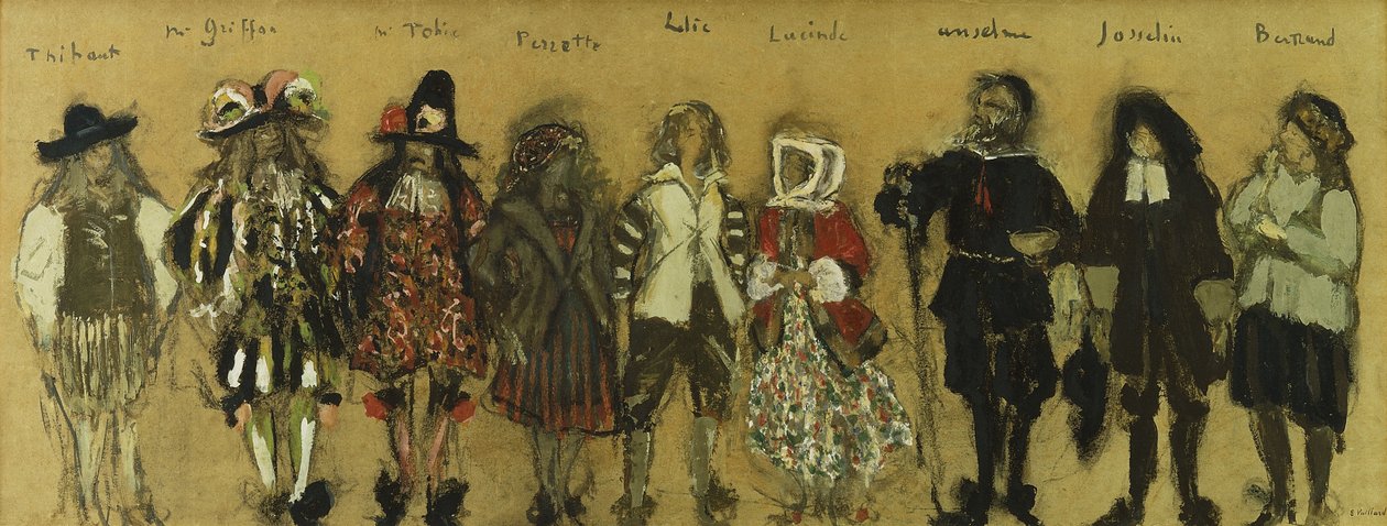 Jean de la Fountaine için "La Coupe Enchantee"de dokuz oyuncu için kostüm çalışması; Büyülü Kupanın Dokuz Karakteri İçin Kostüm Çalışmaları, Jean de la Fontaine, 1918 by Edouard Vuillard
