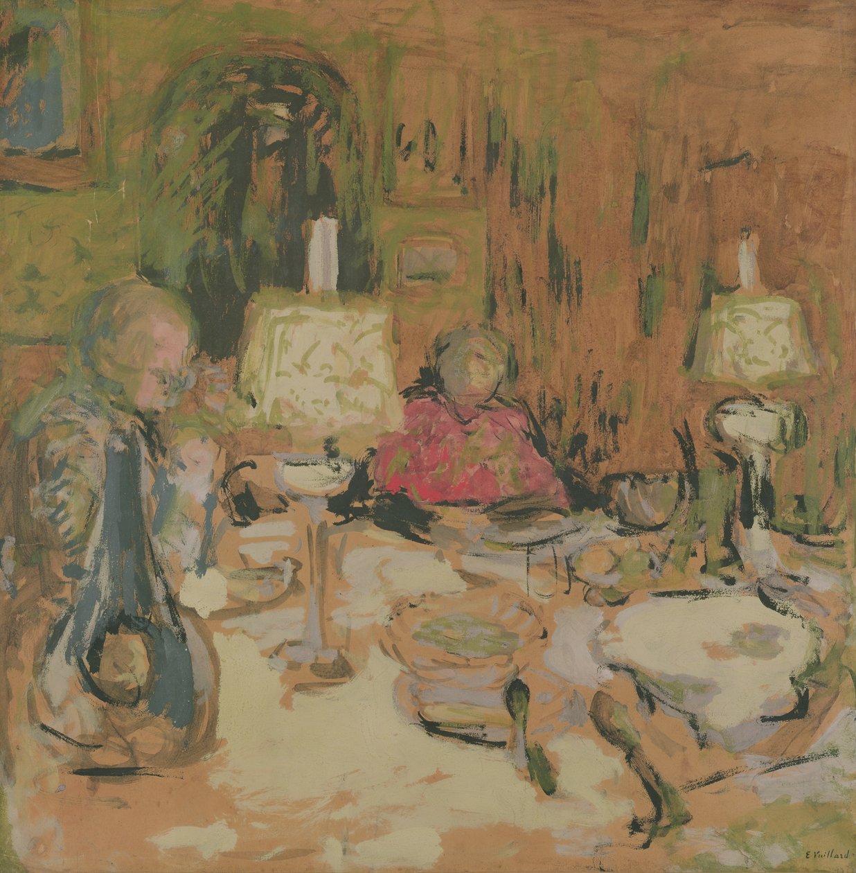 İki Lambalı Akşam Yemeği, rue de Calais, 1913 (kahverengi kağıt üzerinde distemper) by Edouard Vuillard