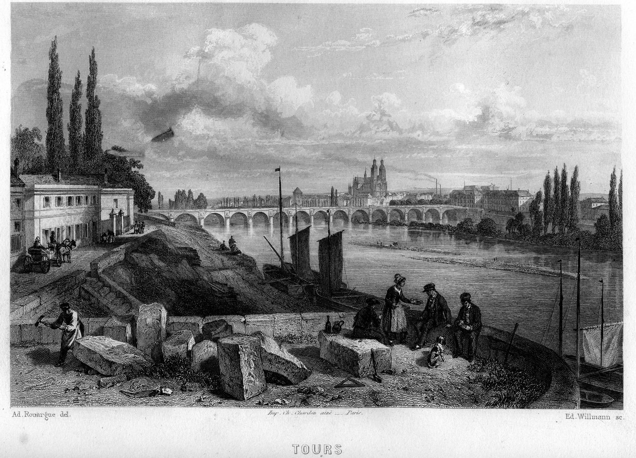 Tur şehir manzarası, Indre-et-Loire (Indre et Loire), Merkez, Fransa. Jean-Bernard Mary-Lafon (Jean Bernard Mary Lafon) tarafından “Antik ve Modern Fransa”da Willmann tarafından gravür by Edouard Willmann