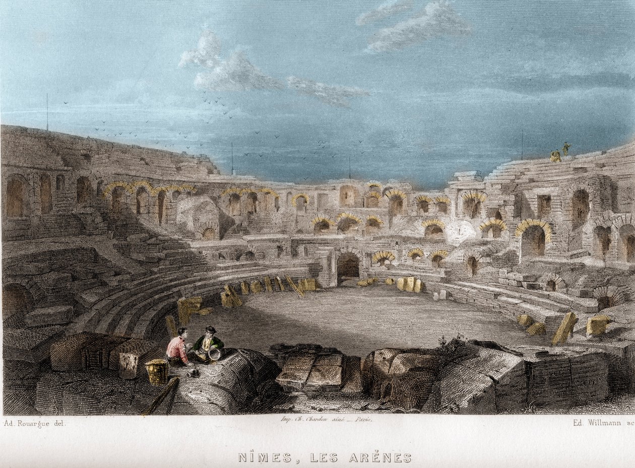 Nimes Arenaları, Gard, Languedoc-Roussillon (Languedoc Roussillon), Fransa. Jean-Bernard Mary-Lafon (Jean Bernard Mary Lafon) tarafından “Antik ve Modern Fransa”da Willmann tarafından gravür by Edouard Willmann