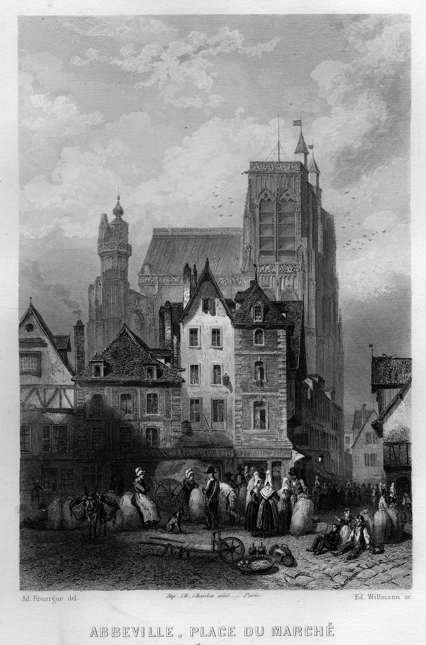 Place du Marche, Abbeville, Somme, Picardy, Fransa kasabasında. Jean-Bernard Mary-Lafon (Jean Bernard Mary Lafon) tarafından “Antik ve Modern Fransa”da Willmann tarafından gravür by Edouard Willmann