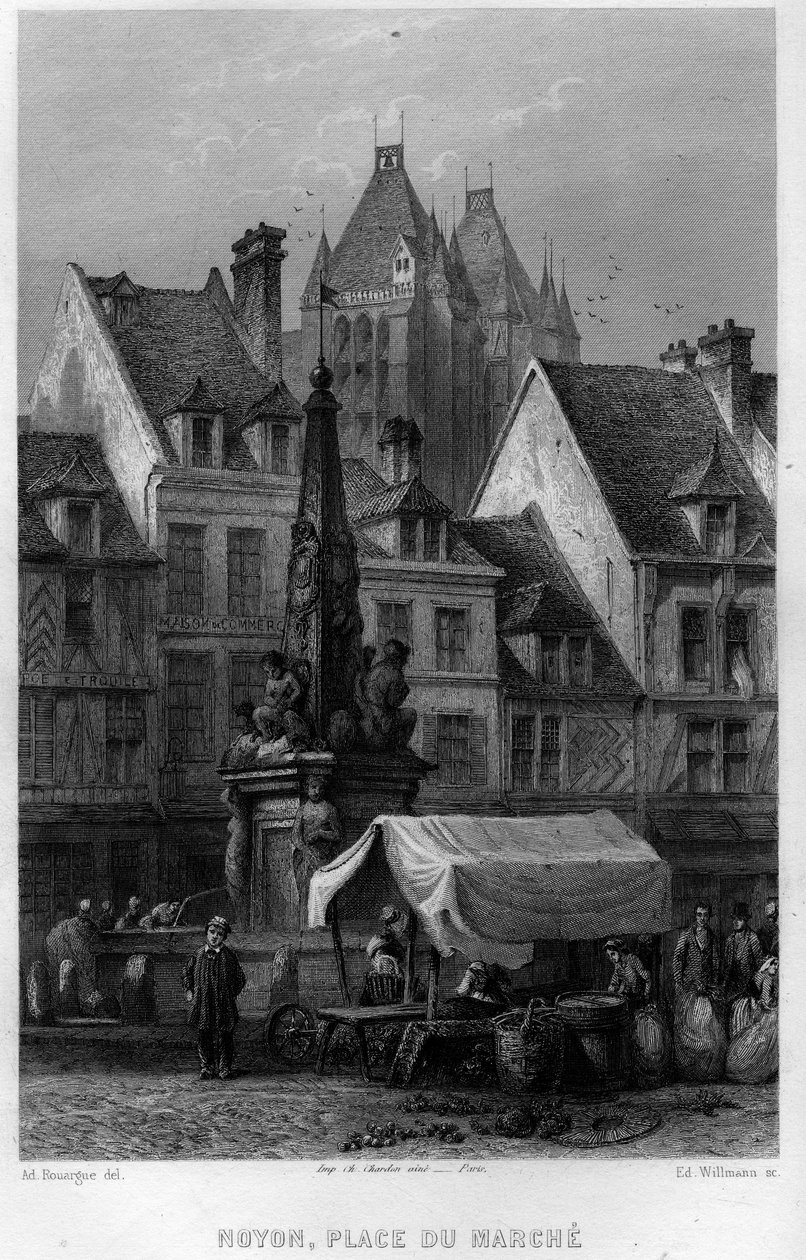 Place du Marche, Noyon, Oise, Picardy, Fransa kasabasında. Jean-Bernard Mary-Lafon (Jean Bernard Mary Lafon) tarafından “Antik ve Modern Fransa”da Willmann tarafından gravür by Edouard Willmann