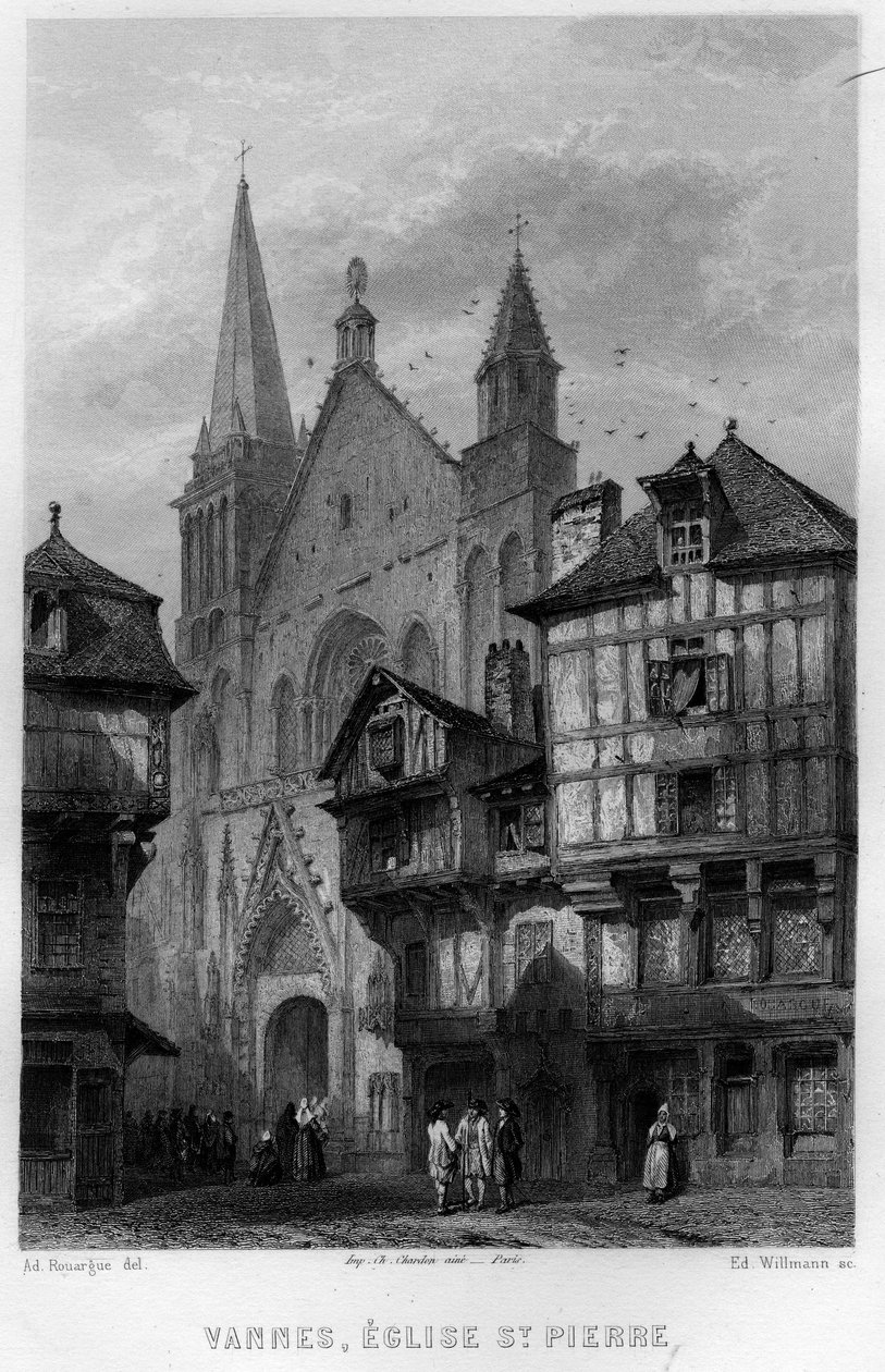 Vannes şehri ve Saint Pierre Kilisesi, Morbihan, Brittany, Fransa. Jean-Bernard Mary-Lafon (Jean Bernard Mary Lafon) tarafından “Antik ve Modern Fransa”da Willmann tarafından gravür by Edouard Willmann