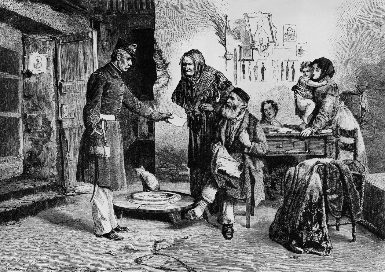 Taşınabilir servet, sefalet içinde yaşayan terziye mahkeme emrini teslim eden yetkili, İtalya, Edoardo Matania'nın (1847-1929) çiziminden gravür, L'Illustrazione Italiana'dan, 17 Eylül by Edouardo Matania