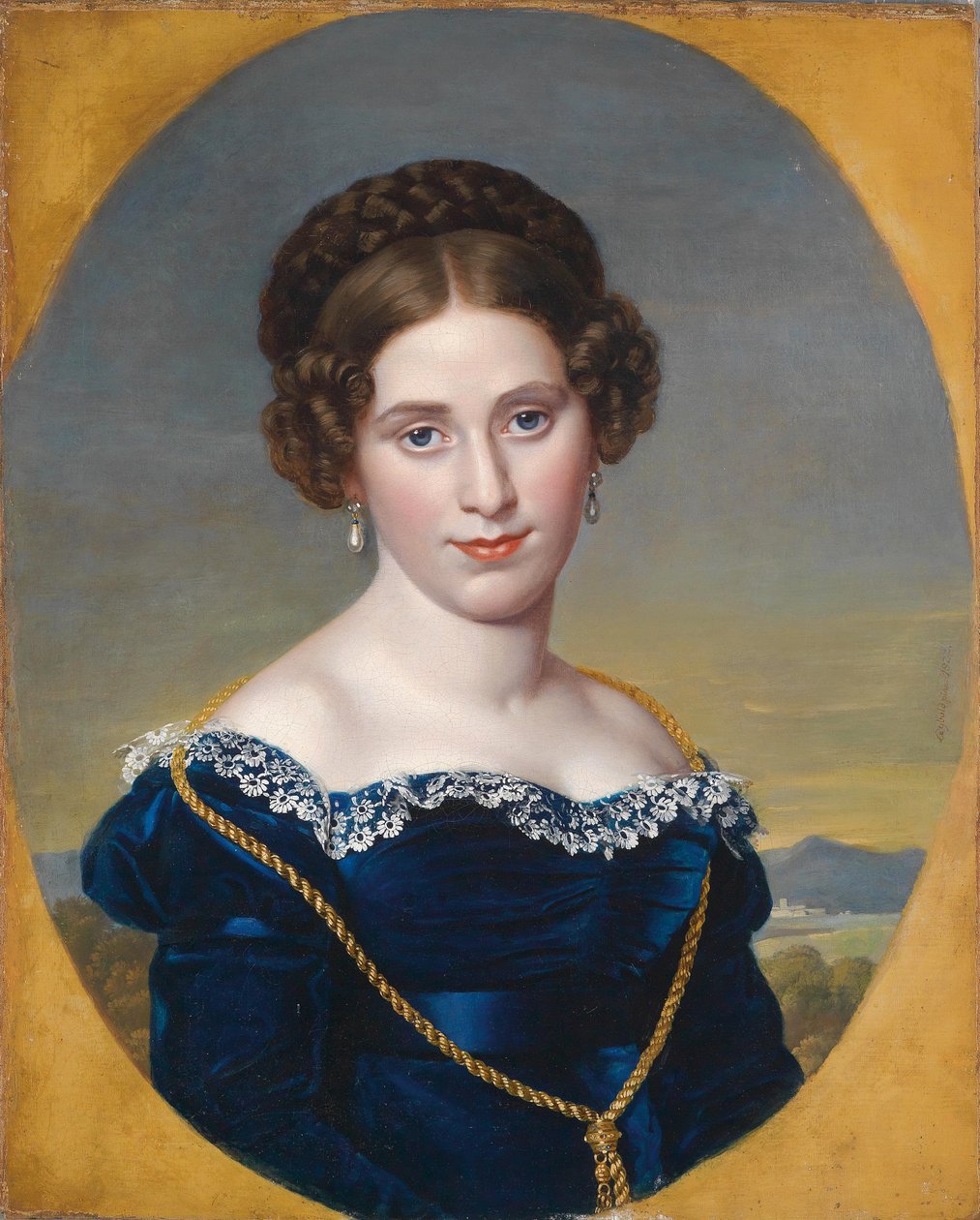 Porträt einer jungen Frau / Bildnis einer Dame vor Landschaftshintergrund by Eduard Friedrich Leybold