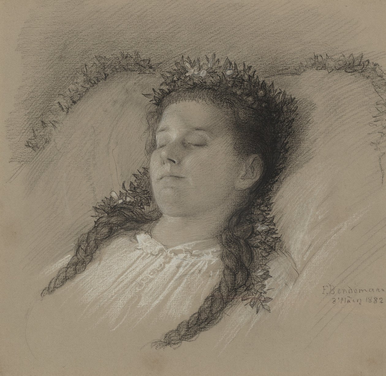 Çiçek Tacı Olan Bir Kız Ölüm döşeğinde by Eduard Julius Friedrich Bendemann