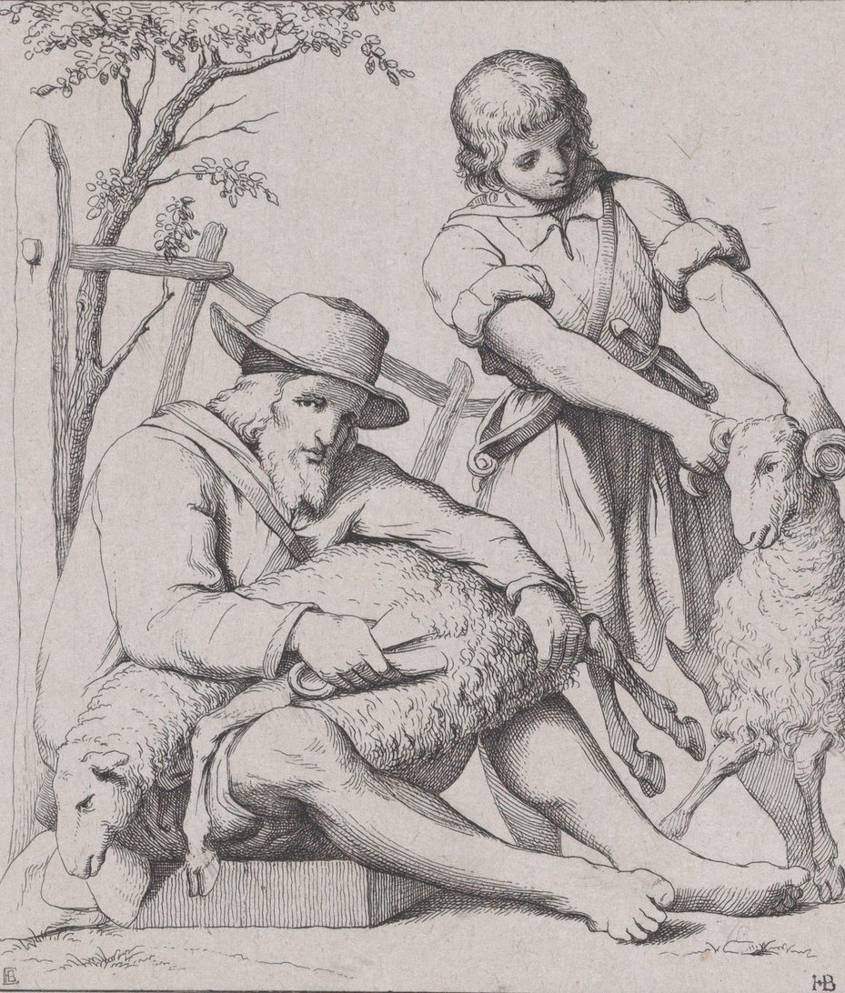 İki adam koyun kırkma, ca. 1842. by Eduard Julius Friedrich Bendemann