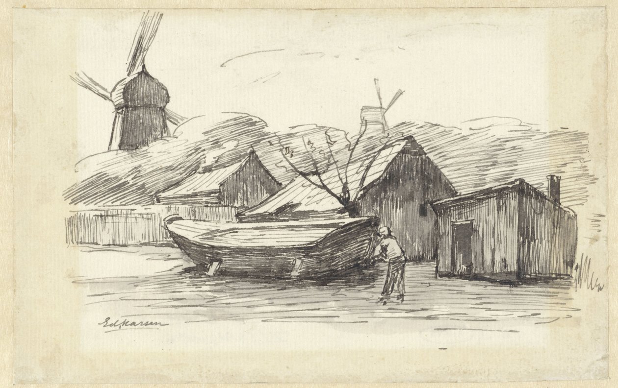 Tekne, evler ve bir yel değirmeni by Eduard Karsen
