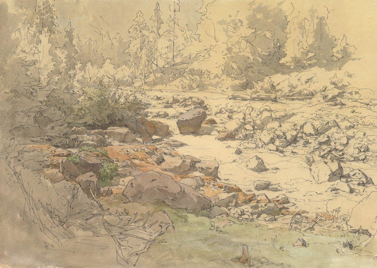 Kronau yakınlarındaki bir Nehirde Kayalar ile Manzara, 19.-20. yüzyılın başlarında. by Eduard Peithner von Lichtenfels