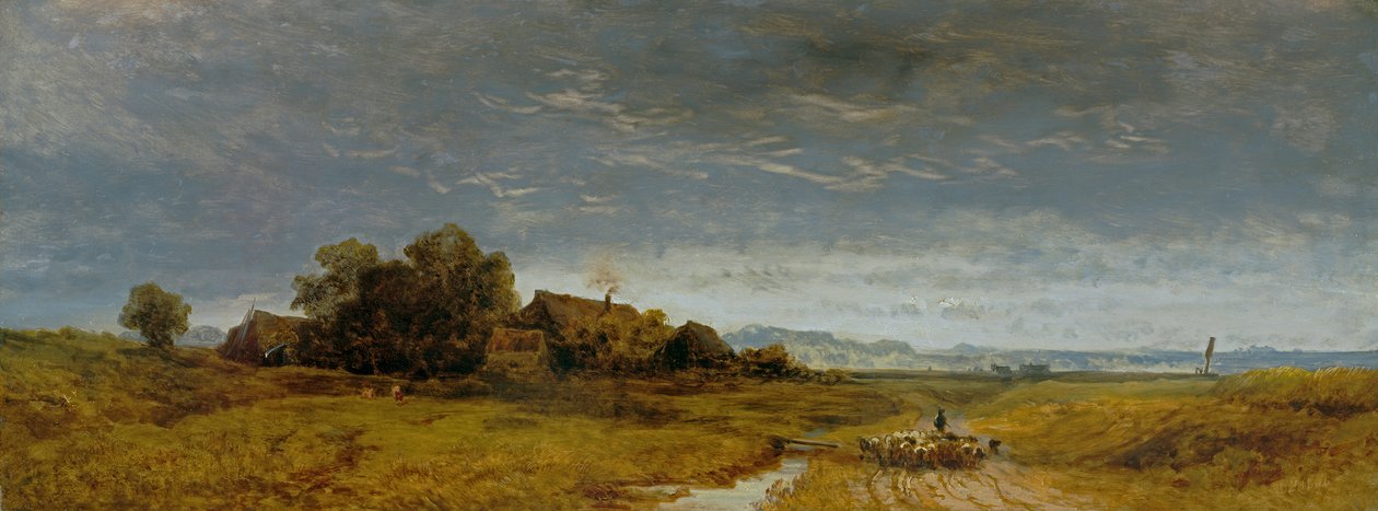 Yukarı Bavyera ovası, eve taşınan bir koyun sürüsü ile by Eduard Schleich der Ältere