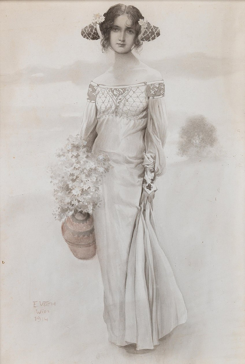 Bir sürahi ve bir buket çiçek olan bir kız, 1914. by Eduard Veith