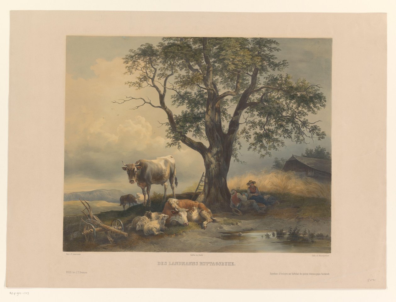 Bir manzarada oturan sığır figürleri Des Landmanns Mittagsruhe (nesne üzerindeki başlık) by Eduard Weixlgärtner