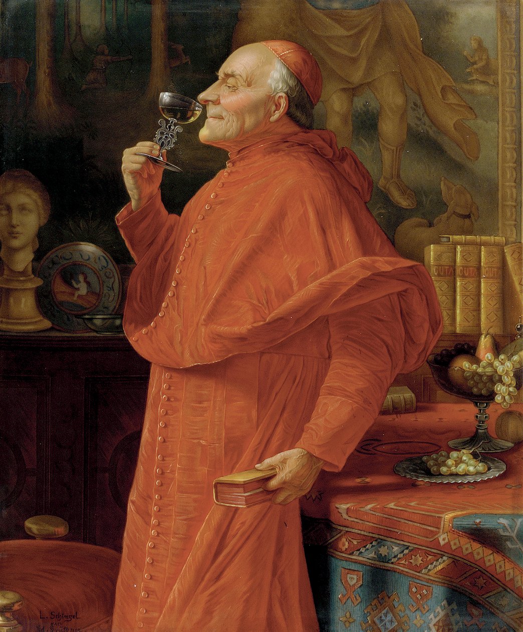 Kardinal beyaz şarap buketini inceliyor (Venedik kadehinde). 1900 civarında. by Eduard von Grutzner