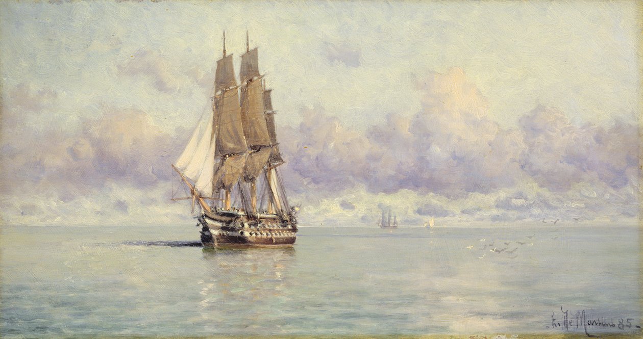 Bir Man-O-War Becalmed, 1885 by Eduardo de Martino