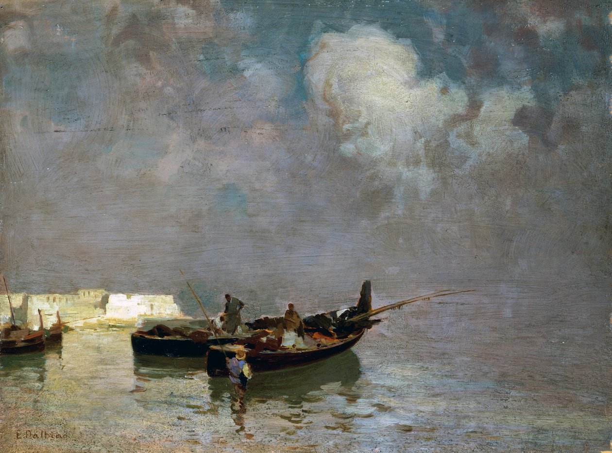 Balıkçılı Marina, Eduardo Dalbono (1841-1915), tuval üzerine yağlı boya, 34x45 cm by Eduardo Dalbono