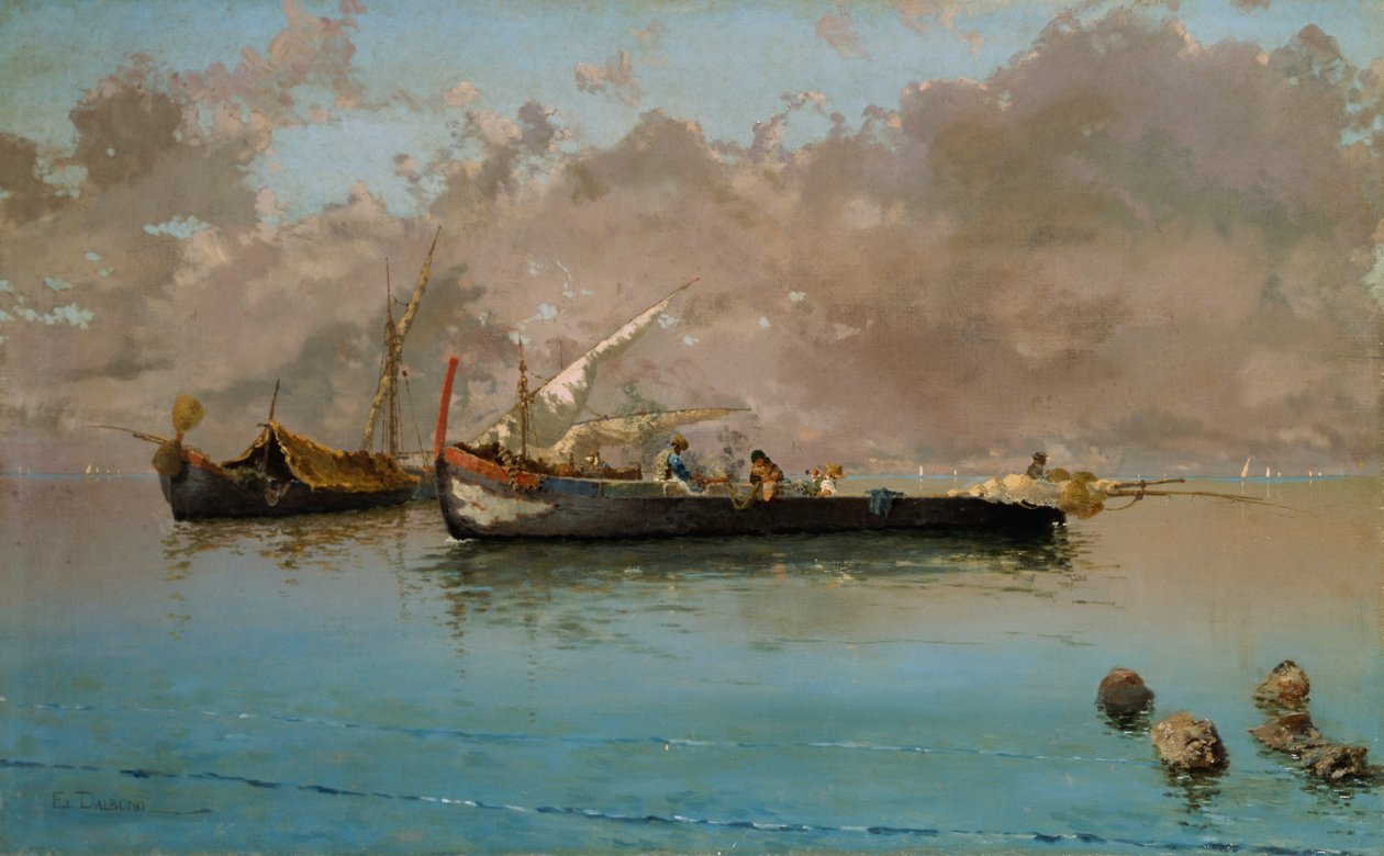 Balıkçı tekneli marina, Eduardo Dalbono (1841-1915), tuval üzerine yağlı boya, 64,5x104.5 cm by Eduardo Dalbono