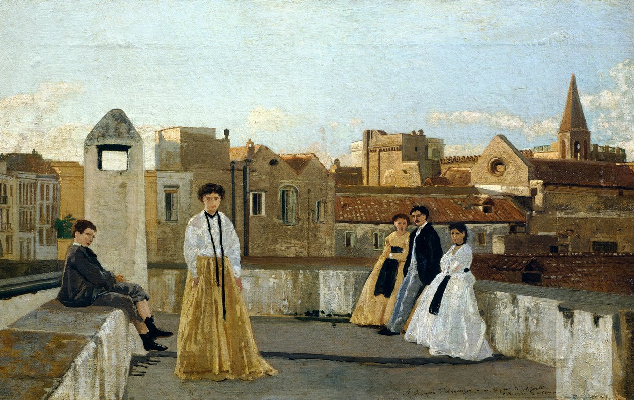 Teras, Edoardo Dalbono (1841-1915), panel üzeri yağlı boya, 45x30 cm. by Eduardo Dalbono