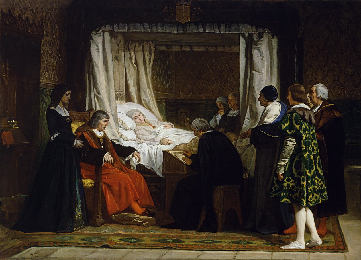 La Reine Isabelle la Catholique dicte oğul vasiyeti - Kastilya Kraliçesi I. Isabella son vasiyetini dikte ediyor - Tablo Eduardo Rosales Gallina (1836-1873) - 1864 - Tuval üzerine yağlı boya - 290x400 - Museo del Prado, Madrid by Eduardo Rosales