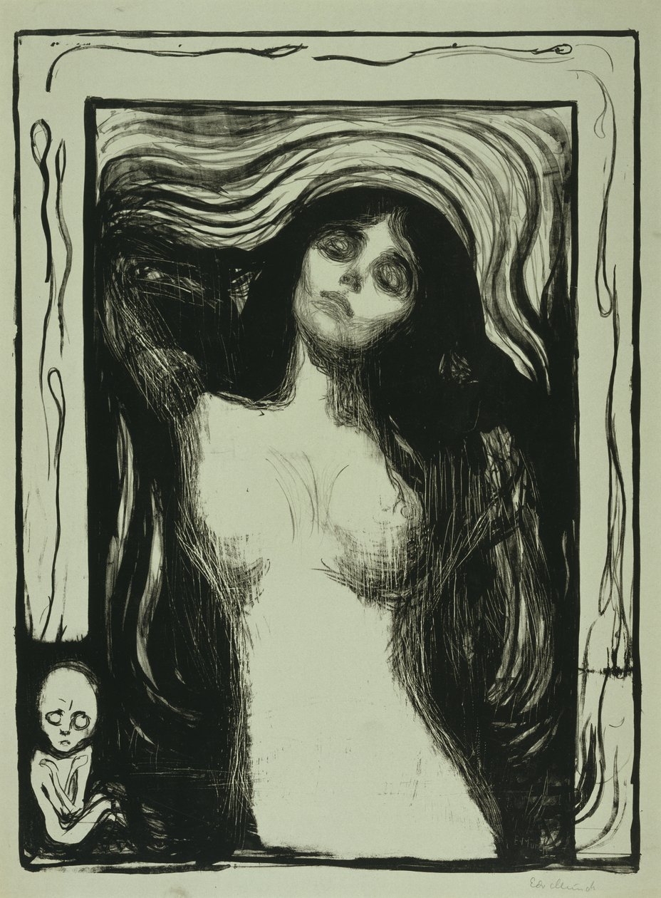 Madonna, 1895-1902 (gri-yeşil kağıt üzerinde lito) by Edvard Munch