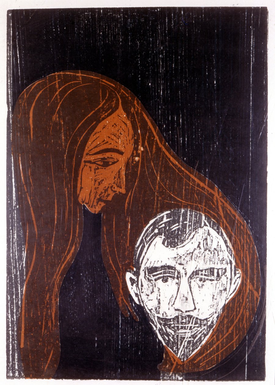 Bir kadının saçında bir adamın başı by Edvard Munch