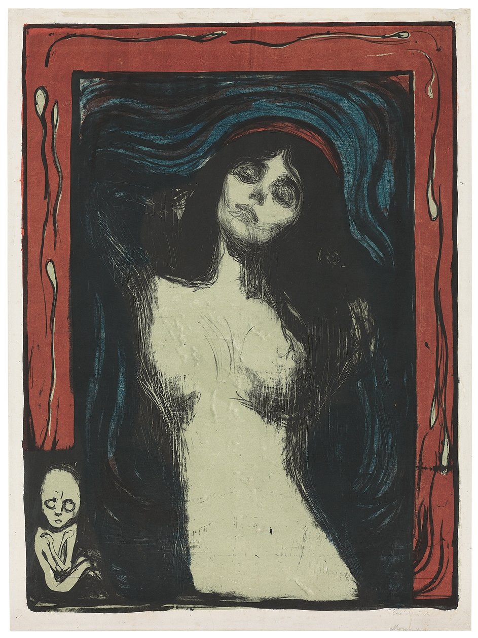 Madonna - Liebendes Weib, c. 1895-1902 (litografi, beyaz üzerine siyah, kırmızı, mavi ve yeşim yeşili olarak basılmıştır) by Edvard Munch