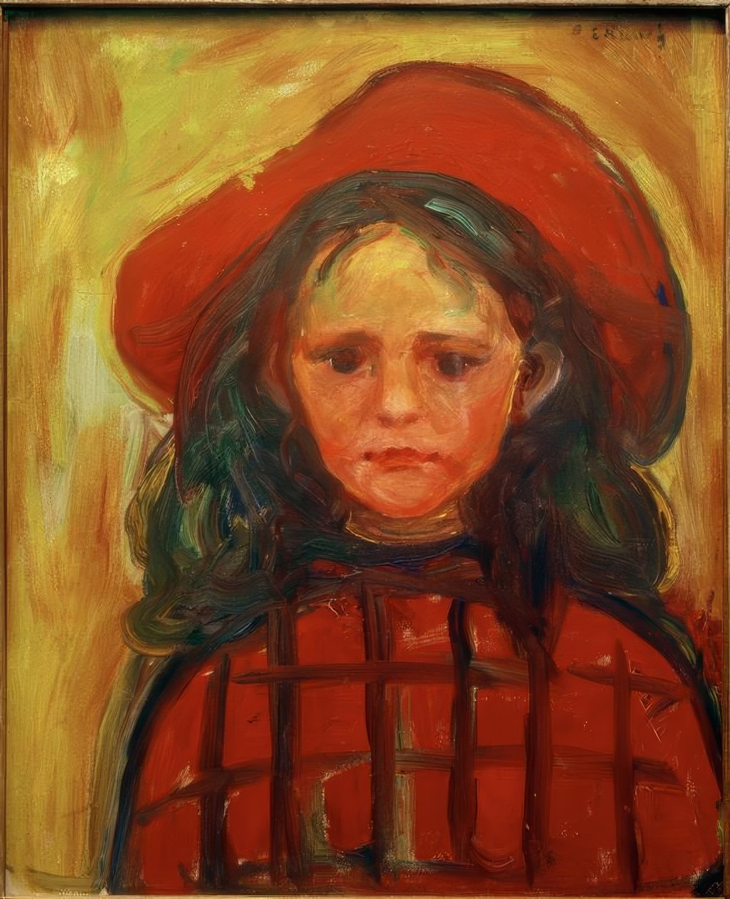 Kırmızı kareli elbiseli ve kırmızı şapkalı kız by Edvard Munch