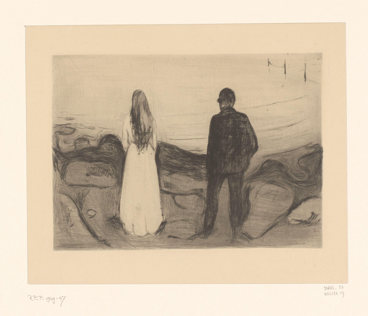 Sahilde duran kadın ve erkek İki kişi (orijinal başlık) by Edvard Munch