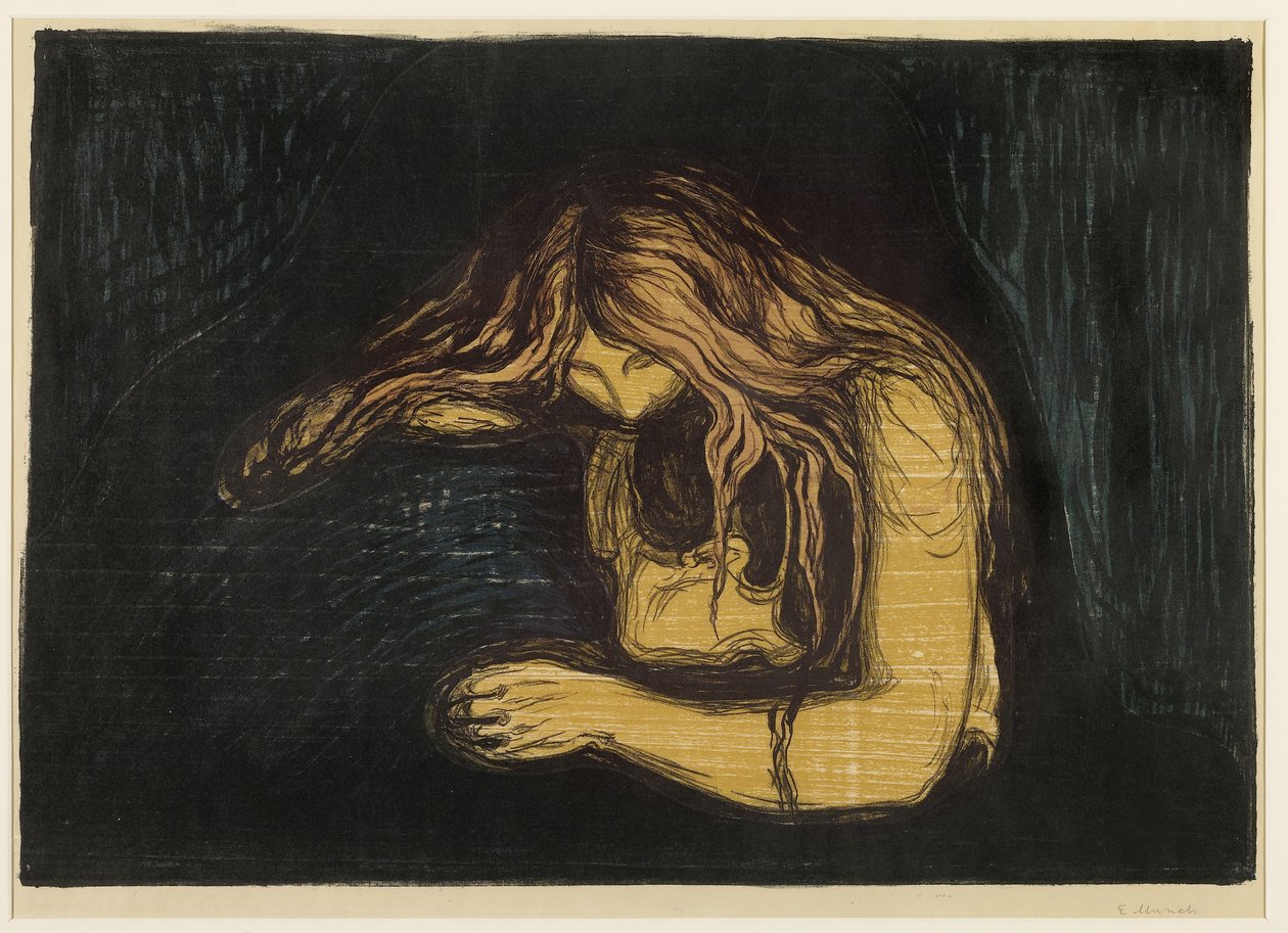 Vampir, 1895-1902 (ince Japon kağıdı üzerine ince dokuma kağıt üzerine renkli tahta blok ve litografi) by Edvard Munch