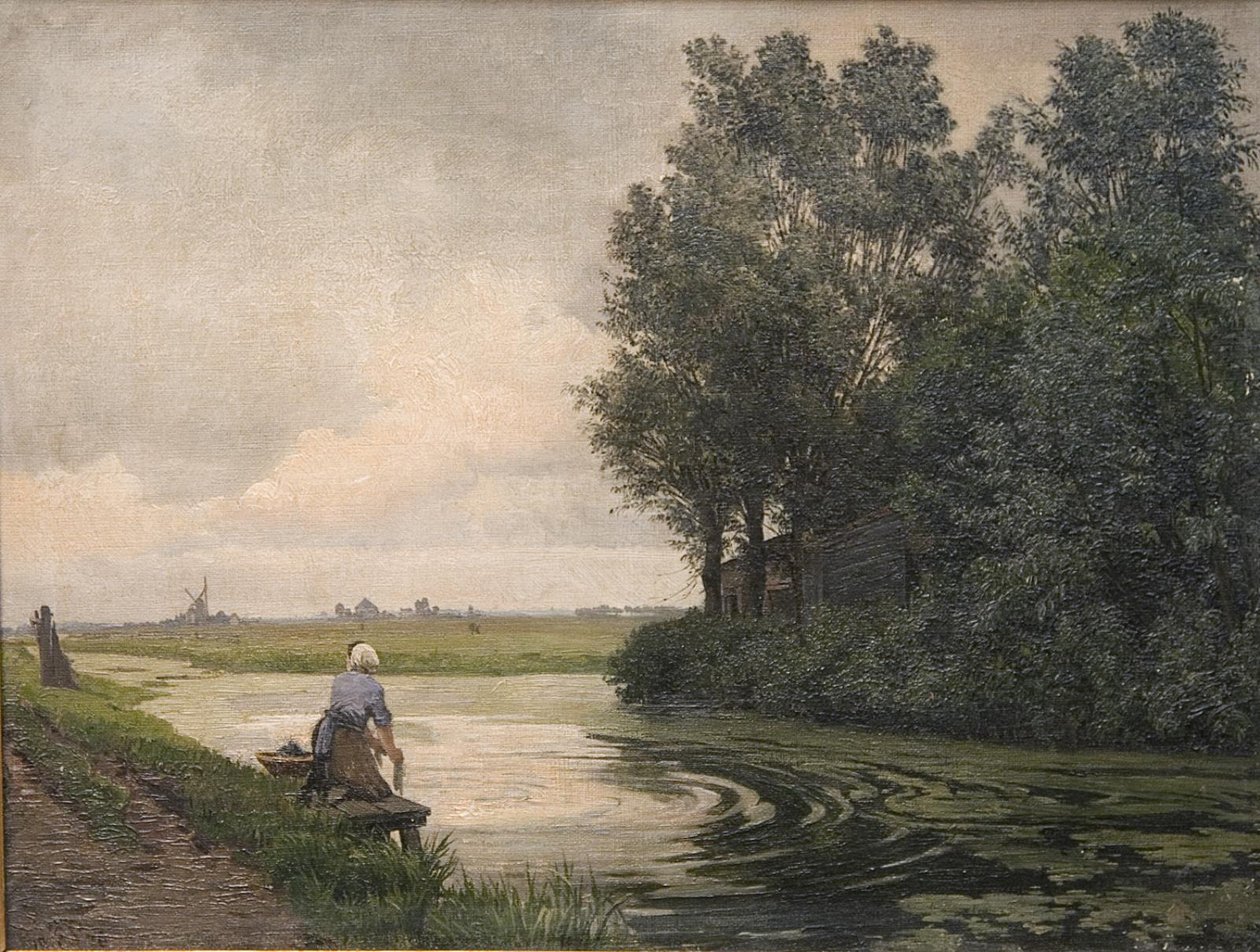 Hollandalı manzara. Bir kız bir kanal tarafından yıkar by Edvard Petersen