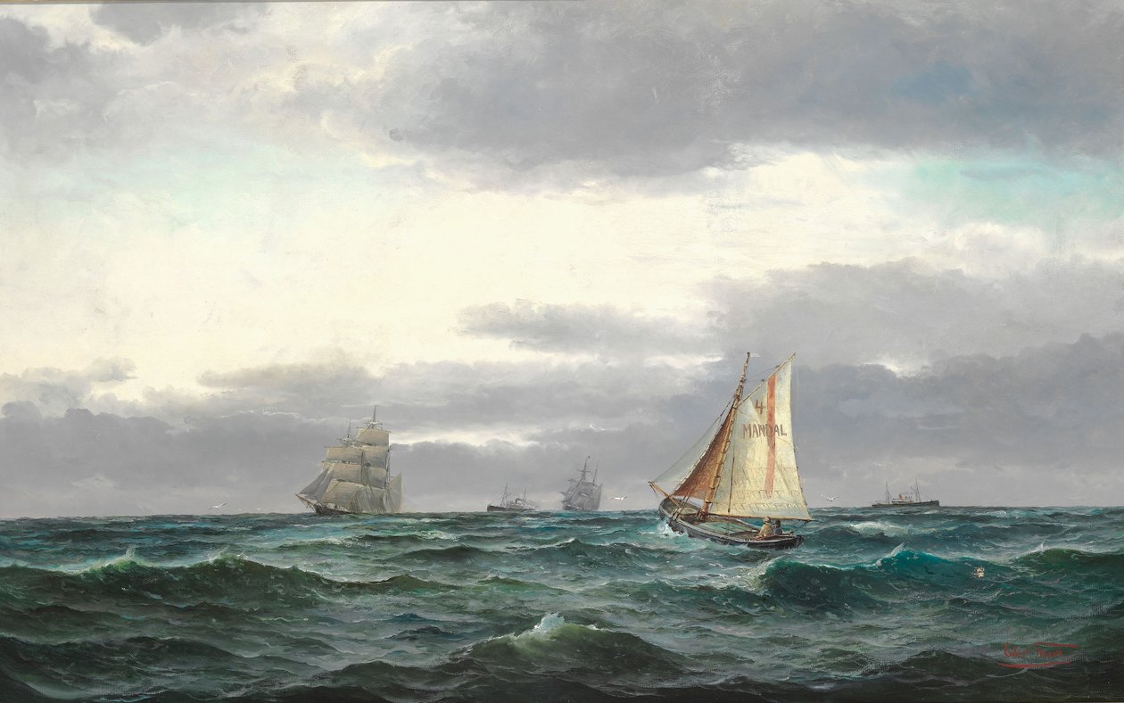 Birkaç gemi, gri yağmurlu bulutlar ve biraz mavi gökyüzü ile deniz by Edvard Skari