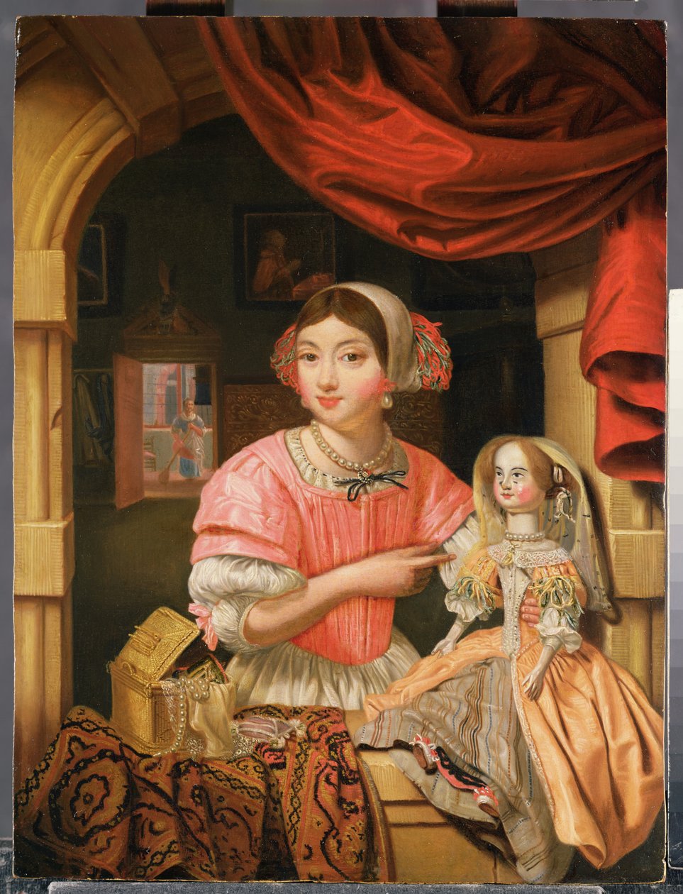 Arkasını süpüren bir hizmetçi ile bir iç bir bebek tutan kız by Edwaert Colyer or Collier