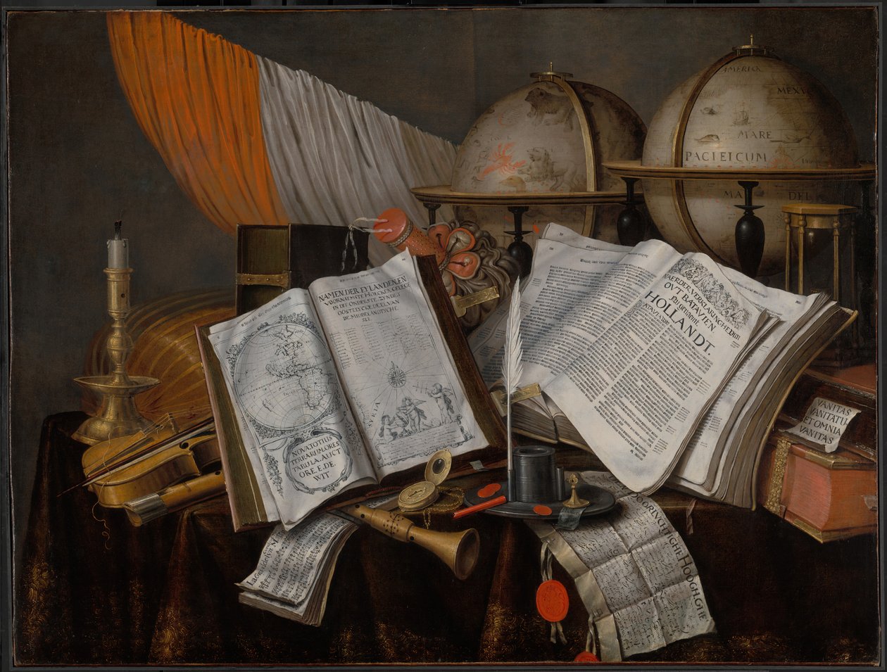 Bayraklı, Şamdanlı, Müzik Aletli, Kitaplı, Yazı Gereçli Bir Vanitas Natürmort... by Edwaert Collier