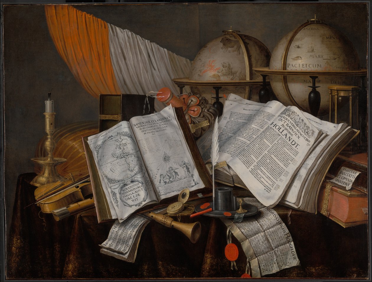 Bayrak, Şamdan, Müzik Aletleri, Kitaplar, Yazı Gereçleri, Küreler ve Kum Saati ile Bir Vanitas Natürmort by Edwaert Collier