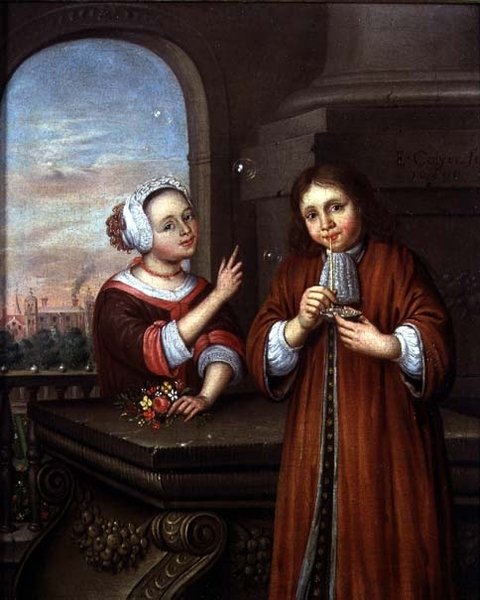 Mimari bir ortamda baloncuklar üfleyen bir çocuğu işaret eden kız by Edwaert Colyer or Collier
