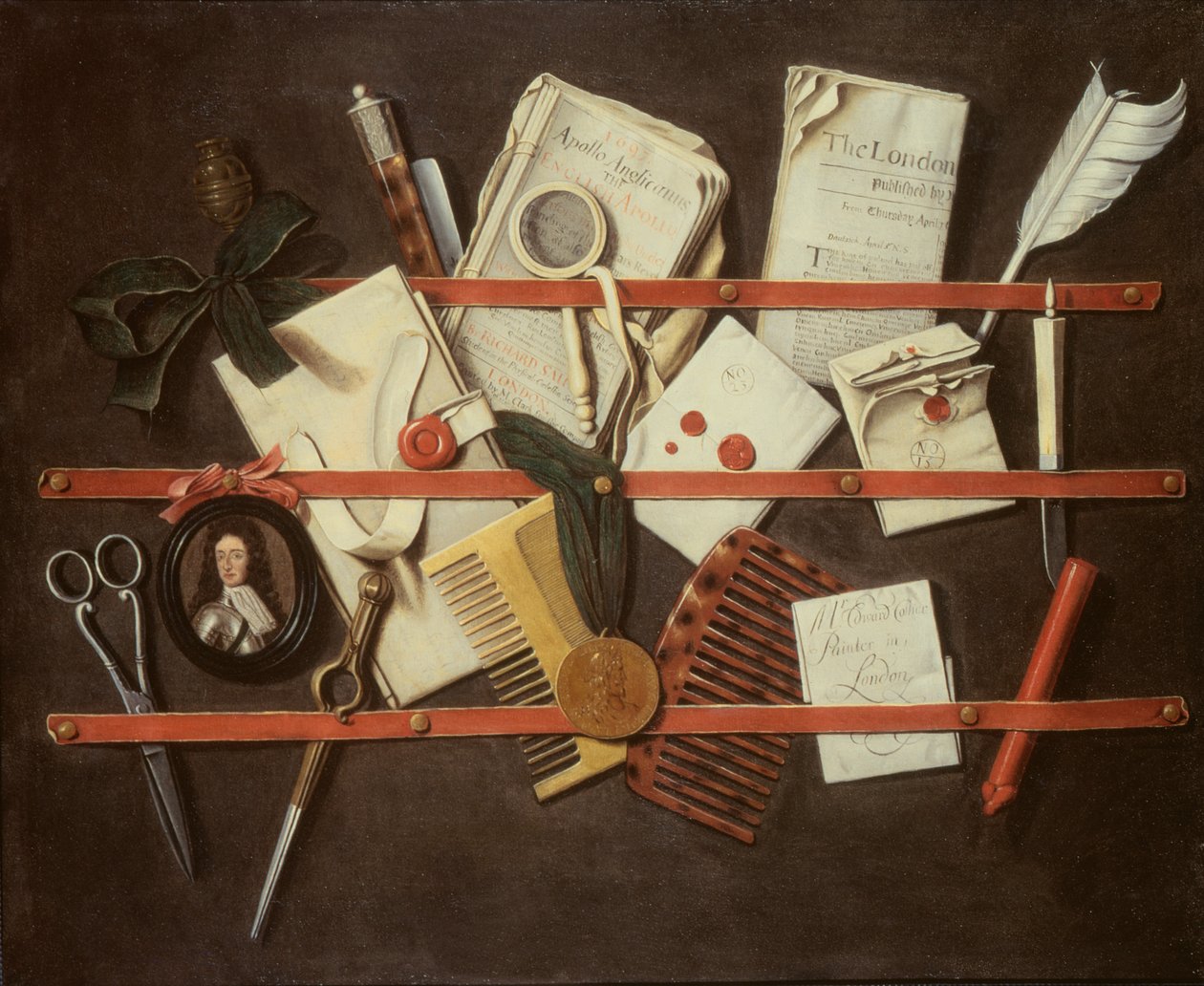 Zırhlı genç bir adamın minyatür portresi ile Trompe loeil mektup rafı, 1697 (panel) by Edwaert Colyer or Collier